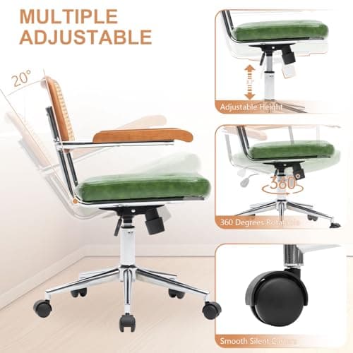 BALIAA Rattan Office Chairs, Modern Rattan Desk Chair with Natural Back & Wood Armrest, Small Upholstered Tufted Leather Home Office Desk Chairs for Home Office, Bedroom, Study, Green 6