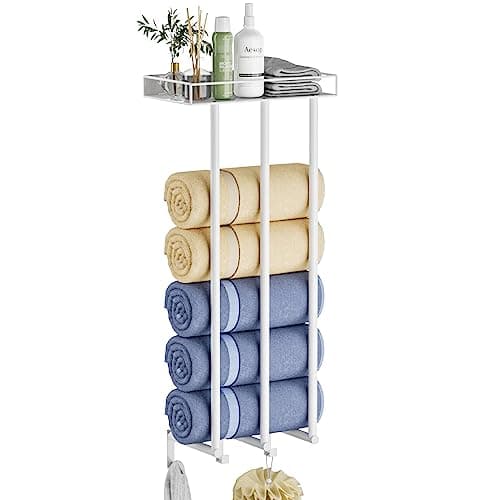 Ovicar Towel Racks for Bathroom - Wall Mounted Rolled Towels Storage with Metal Shelf & 3 Hooks,3 Bars Wall Towel Holder for Small Bathroom, Bath Towel Organizer White