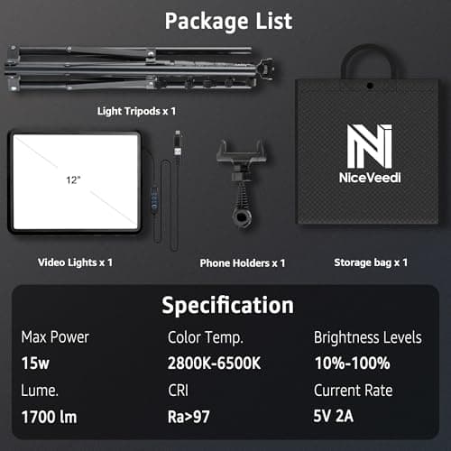 NiceVeedi 1-Pack Photography Lighting Kit, 2800-6500K Bi-Color LED Video Light Kit, Dimmable Studio Light with Tripod Stand & Phone Holder, Light for Video Recording, Game Streaming, YouTube 7