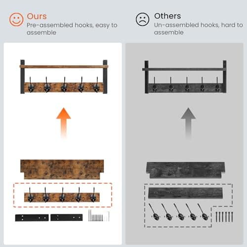 Homode Wall Hooks with Shelf, Wood Coat Rack with Shelf Wall-Mounted, Entryway Hanging Shelves with 5 Metal Hooks for Clothes Hats Towel Purse Robes, Bathroom Mudroom Bedroom, Rustic Brown Black 6