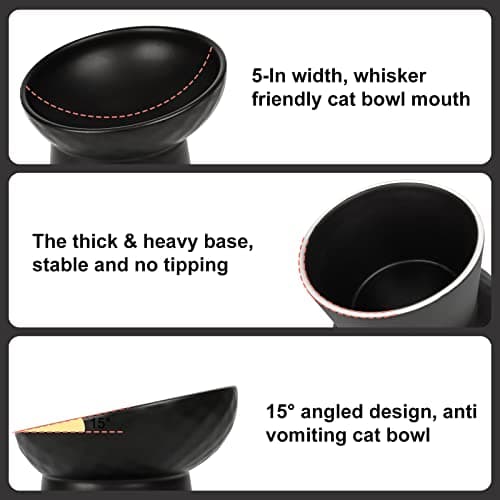 YauYik Raised Cat Bowl Black, Elevated Cat Food Bowls with Tilted Angle, Stress Free, Anti Vomiting, Ceramic Water Bowl for Cats Small Dogs Feeding Dish, 8 Ounces 8