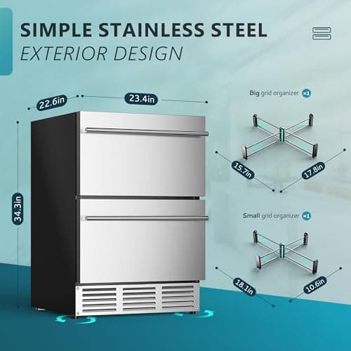 EUHOMY 24 Inch Under Counter Double Drawer Fridge, Weather Proof Stainless Steel Outdoor Beverage Refrigerator for Patio, Built-in Beverage Fridge for Home & Commercial Use Stainless Steel Silver 6