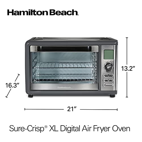 Hamilton Beach Countertop Digital Air Fryer Oven with Sure-Crisp, 6-in-1 Functionality, 150-450⁰F Temp Range, 1800W, XL Capacity for 2 12” Pizzas, Two 9” x 13” Pans and 4 Rack Positions, Grey (31390) 8