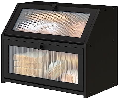 Vriccc Black Bread Box for Kitchen Counter, Large Bamboo Wood Double Layer Bread Box, Wooden Bread Storage Capacity