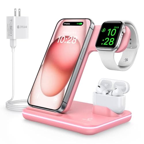 WAITIEE Wireless Charger 3 in 1, 15W Fast Charging Station for Apple Watch 10/9/8/Ultra 2/Ultra/SE/7/6/5/4/3/2, for AirPods 3/2/1/Pro for iPhone 16/15/14/13 /Plus/Pro/Pro Max/12/11 (Pink)
