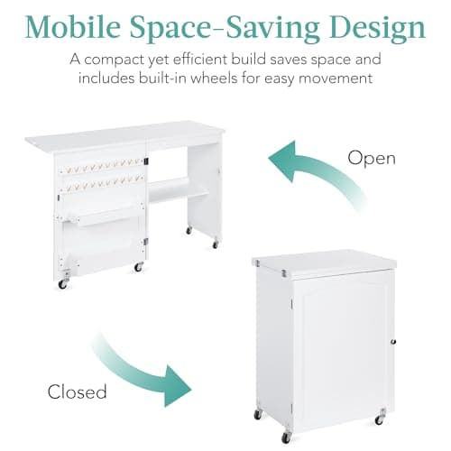Best Choice Products Folding Sewing Table Multipurpose Craft Station & Side Desk with Compact Design, Wheels, Shelves, Storage Trays, Pegs, Magnetic Doors, Metal Doorknobs - White 5