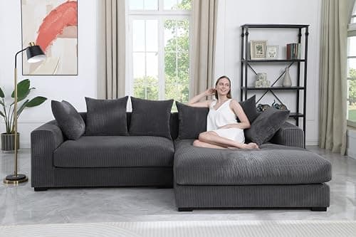RITSU 109.75" L Shaped Corduroy Sectional Sofa, with Extra Wide Chaise, 6 Pillows and Wide Armrests, Upholstered Couches Sleeper for Living Room, Bedroom, Apartment，Dark Gray