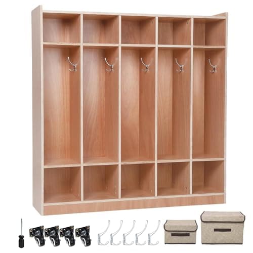 Garvee 5-Section Classroom Coat Locker, 10 Cubbies w/Anti-tip Kit for Classrooms, Daycare Cubby with 4 Casters, 5 Hooks & 2 Storage Boxes, for Home, School, Kindergarten