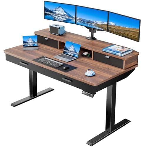 HUANUO 55 x 30 inch Electric Standing Desk with Wood Drawers, Adjustable Height Sit Stand Home Office Desk with Two Tiers, Ergonomic Adjustable Stand up Desk C-Clamp Monitor Mount Compatible, Walnut