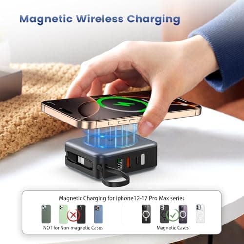 for Magsafe Portable Charger with AC Wall Plug, 6-in-1 Magnetic Wireless Power Bank 10000mAh Built-in Cables, 22.5W Type-C in&Out Fast Charging Battery Pack for iPhone 17/16/15/14/13/12 Series, Gray 4