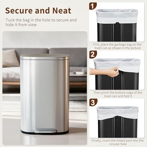 PayLessHere Trash Can with Lid, 13 Gallon (50L) Stainless Steel Kitchen & Office Recycling Bin with Foot Pedal Soft Close & Inner Bucket 6