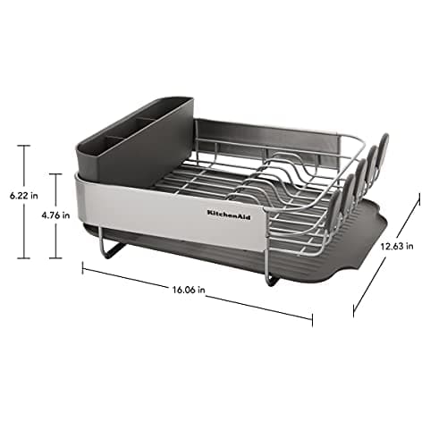 KitchenAid Compact, Space Saving Rust Resistant Dish Rack, with Angled Self Draining Drain Board and Removable Flatware Caddy, 16.06-Inch, Gray 5