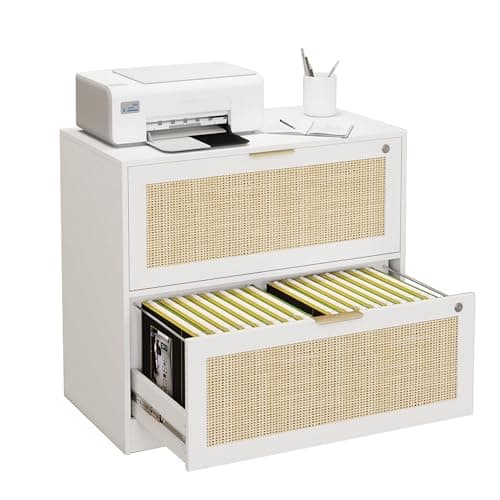 HOPUBUY 2 Drawer File Cabinet with Lock, Printer Stand Lateral Filing Cabinets for Home Office and School, Wood Rattan File Cabinet for Hanging Files/Letter/Legal/A4/F4 Size, White
