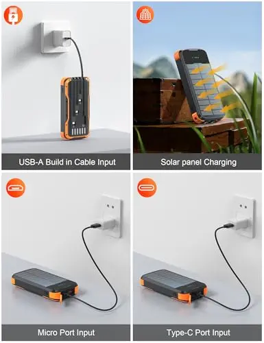 SOXONO Solar Charger Power Bank, PD 20W Fast Charging External Batter, 40000mAh Portable Phone Charger Built in 4 Cables with Dual Bright Flashlights for Camping, Hiking, and Outdoor Use 5