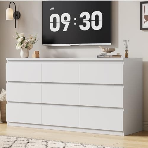 Jocoevol Modern White 9 Drawer Dresser for Bedroom, Simply Chest of Drawers, Wood Storage Dresser with Deep Drawers for Living Room Hallway Entryway, White
