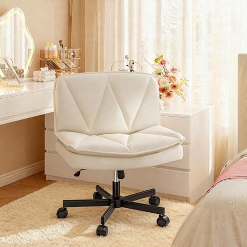 DurayLoly Criss Cross Chair with Wheels,Cross Legged Office Chair with 2 Layer Comfty Leather & Back,Armless Wide Vanity Chair for Home Office,Beige