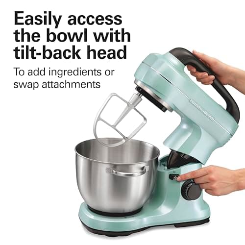 Hamilton Beach Electric Stand Mixer, 4 Quarts, Dough Hook, Flat Beater Attachments, Splash Guard, 7 Speeds with Whisk, Easy-Carry Top Handle, Aqua 6