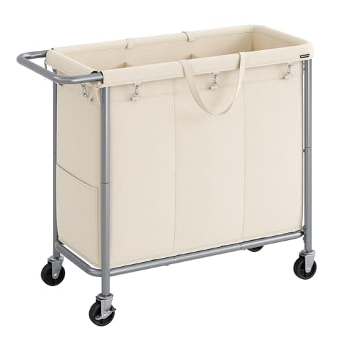 SONGMICS Laundry Basket with Wheels, 3-Section Rolling Laundry Hamper, 52.8 Gallons (200 L), Removable Liner, Steel Frame with Handle, 35.8 x 15.4 x 31.9 Inches, Cream White URLS005W01