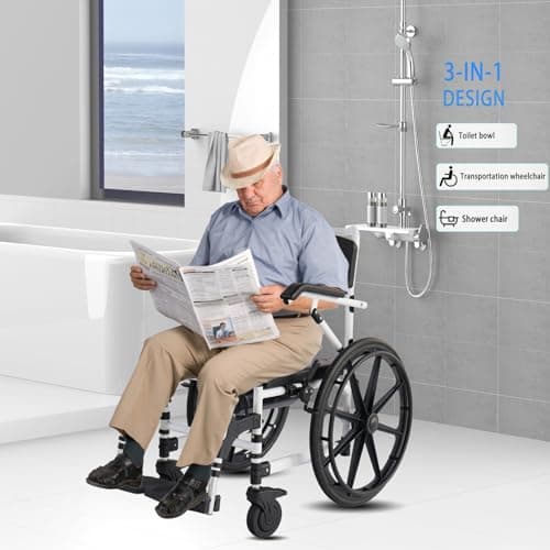UU-ZHANG Folding Shower Commode Wheelchair - 300lbs Beside Commode Chair with Padded Seat, Waterproof Rolling Shower Chair with Armrests and Backrest, Shower Chair with Wheels for Small Shower, Blue 5