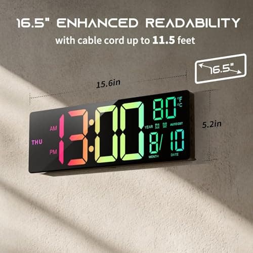 EASYERA 16.5" Large Digital Wall Clock with BT Sync, RGB Lights with 11 Scenes Mode Remote Control, Dual Alarms with Big LED Display, Auto DST, Temperature for Classroom Gaming 5