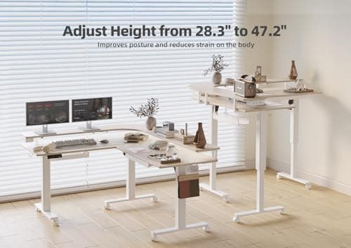 Claiks 63" L Shaped Standing Desk with Drawers and LED Lights, Height Adjustable Electric Corner Standing Desk with Monitor Stand & Power Outlet, 4 Memory Preset, Nature 5