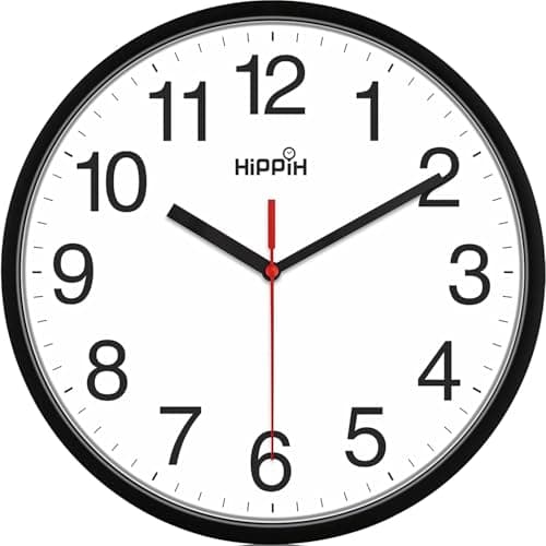 HIPPIH Clock Black Wall Clock Silent Non Ticking Quality Quartz - 10 Inch Round Easy to Read for Home Office & School Decor Clock