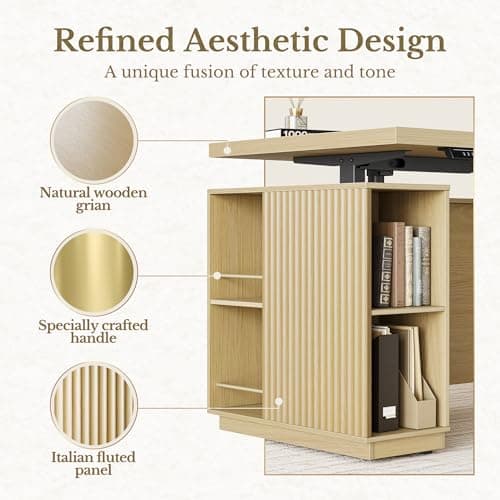 Perledesign 70" Standing Desk with Storage, Executive Electric Height Adjustable Stand Up Desk with AC/USB and Privacy Panel, Large One-Piece Destop, Fluted Computer Desk for Home Office, Light Walnut 4