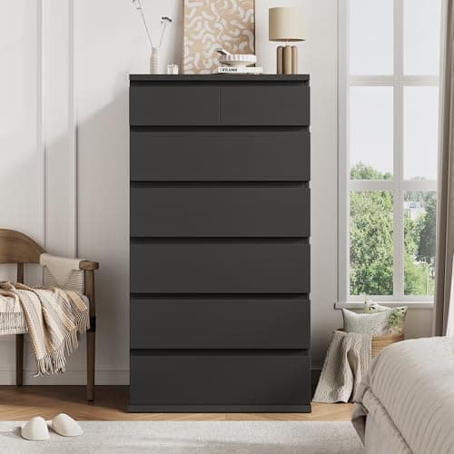 Black Tall 7 Drawer Dresser for Bedroom, Modern Wood Closet Dressers & Chests of Drawers with Jewelry Storage, 23.6" L*15.8" W*47.5" H in Large Vertical Dresser for Bedroom, Living Room, Nursery 7