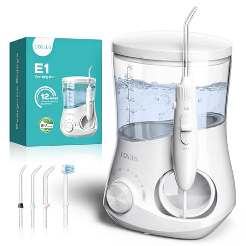 COSLUS Professional Water Flosser for Teeth: 12 Pressure Settings Electric Dental Pick for Tooth Cleaning, Sensitive Gums, Braces, Oral Care - Home Use, ​​4 Jet Tips for Multiple Users, Family, White