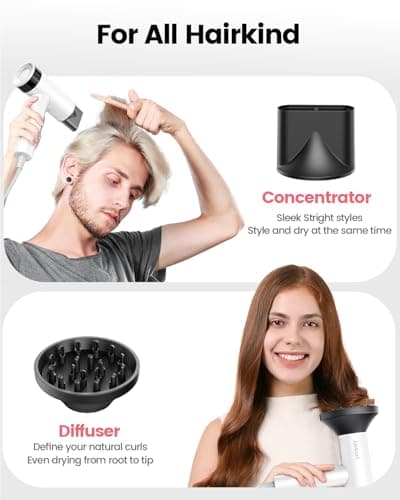 Dekuri Hair Dryer, 110,000 RPM High-Speed Fast Drying Blow Dryer, 500 Million Ionic Lightweight Hairdryer with Diffuser, Magnetic Nozzle, 4 Temps & 3 Speeds, Low Noise for Women & Men (White) 9
