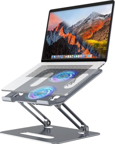 YICOSUN Adjustable Laptop Cooling Stand with 2 Quiet Fans & RGB Lighting, Aluminum Alloy & Foldable Ergonomic Design for MacBook, Lenovo, ASUS, Dell 10-16 Inch, Perfect for Gaming, DJ, Office - Gray