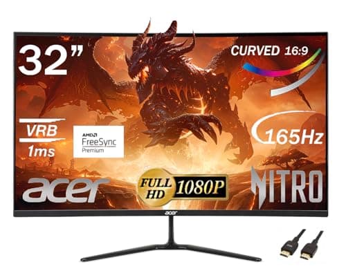 acer Nitro 32” Curved Gaming Monitor | FHD 1920 x 1080p | AMD FreeSync |165Hz Refresh Rate | Up to 1ms | 250 Nit Brightness | Anti-Glare Widescreen, with 5ave HDMI Cable
