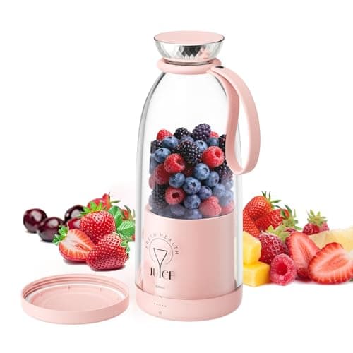 Buzveuya Portable Blender, Personal Smoothie Maker with 6 Blades, Rechargeable Mini Juicer Cup, 17 oz with Travel Lid for Outdoors, Camping, Office, Kitchen (Pink)