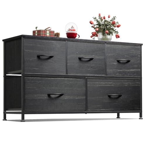 WLIVE Dresser for Bedroom with 5 Drawers, Wide Chest of Drawers, Fabric Dresser, Storage Organizer Unit with Fabric Bins for Closet, Living Room, Hallway, Charcoal Black Wood Grain Print