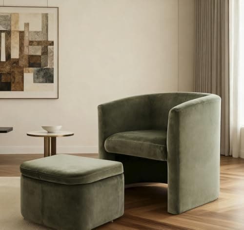 COLAMY Upholstered Velvet Barrel Accent Chair with Storage Ottoman, Morden Living Room Chair with Lounge Seat for Bedroom/Reading Spaces, Green