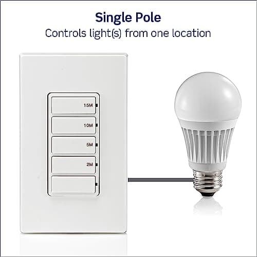 Leviton Countdown Timer Switch for bathroom fan and household lights, 2-5-10-15 min, No Neutral Required, Single Pole, 15A, 1/2 HP/9.8A Fan/Motor, DT115-1LW, White 9