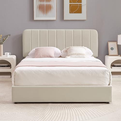VECELO Full Size Upholstered Bed Frame with 4 Drawers and Adjustable Headboard, Velvet Platform Storage Bedframe Mattress Foundation, Wooden Slats Support, No Box Spring Needed, Beige 7