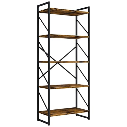Shintenchi 5 Tiers Bookshelf, Classically Tall Bookcase Shelf, Industrial Book Rack, Modern Book Holder in Bedroom/Living Room/Home/Office, Storage Rack Shelves for Books/Movies-Rustic Brown 9