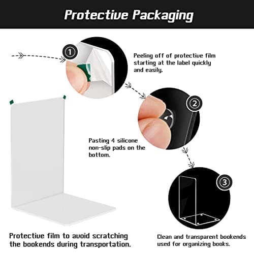 HappyHapi Book Ends, 8 Pcs Book Ends Acrylic Bookends for Shelves, Clear Book Holder Stand, Non-Skid Decorative Bookend, Study Book Organizer for Home Library Office, 5 x 5 x 7.3 inch 6