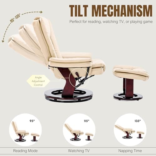 Argus Swivel Recliner with Ottoman, PU Leather & Wood Base Reclining Chair with Footrest, Ultra-Plush Double Foam for Living Room, Bedroom and Office, Set of 1 5