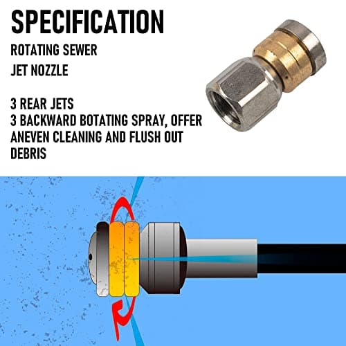 Hourleey Sewer Jetter Kit for Pressure Washer 50FT, Drain Cleaner Hose 1/4 Inch NPT, Orifice 4.0 Button Nose and Rotating Sewer Jetting Nozzle Spanner Tape Pearl Corsage Pin, 4000 PSI 3