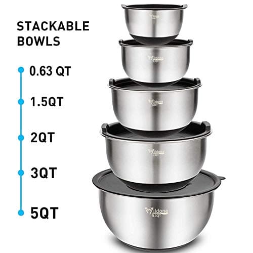 Wildone Mixing Bowls with Airtight Lids Set, 5PCS Stainless Steel Nesting Bowls for Kitchen, with Grater Attachments & Non-Slip Bottoms, Size 5, 3, 2, 1.5, 0.63 QT, Great for Mixing & Serving 7