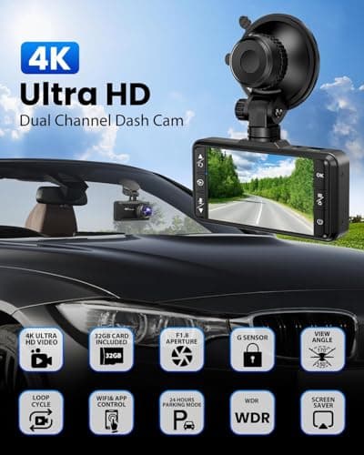 Dash Cam Front and Rear 4K/1080P, Dash Camera for Cars Build in WiFi, Full HD Dash Cam with APP Control, 3.94'' IPS Screen Dash Camera with 32GB SD Card, G-Sensor, 24Hr Parking Mote, Loop Recording 8