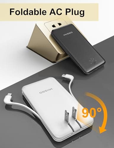 miisso Ultra Slim 10000mAh Power Bank Built-in Cables and Foldable AC Wall Plug, Pocket Size USB C Portable Charger, External Battery Pack Compatible with iPhone Samsung, White 8