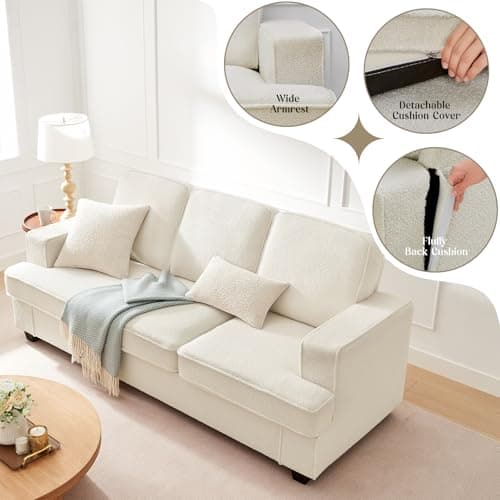 Couches for Living Room, 82” Spacious Deep Seat Sofa for Living Room/Bedroom/Office/Apartment, Sofa Bed for Small Spaces, Detachable Futon Couch Cover, Easy to Install, Beige Teddy Fleece 5