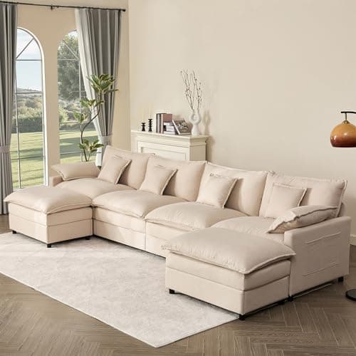 GOSUHI 142.5" U Shaped Couch, Modular Sectional Sofa, 3-Seater Comfy Cloud Couch, Set of Modular Pieces with Movable Ottoman, Deep Seat Couches for Living Room, Linen, Beige