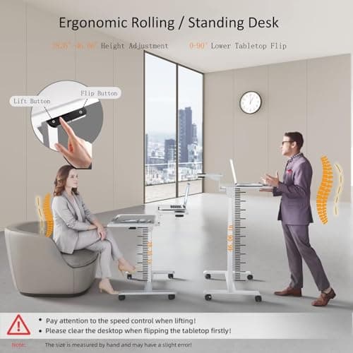 TecbL Pneumatic Standing Desk with Wheels - Adjustable Height 28" - 46" & 0-90° Tilt, 31.5" x 17.7" Skin-Feel Desktop, Rolling Computer Desk for Home Office, Hospital, School (White) 5