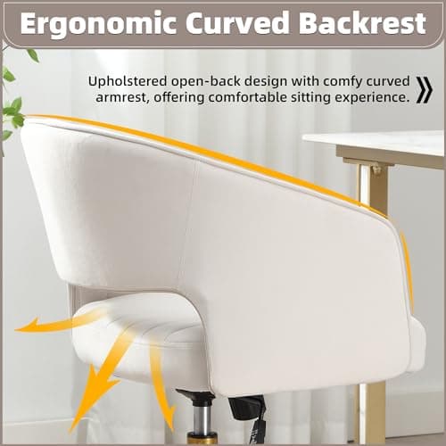 ABET Desk Chair with Wheels, Velvet Home Office Chair, Swivel Armchair Gold Base, Upholstered Modern Accent Chairs, Back Incline Adjustable for Living Room Bedroom Vanity, Off-White Cream 6