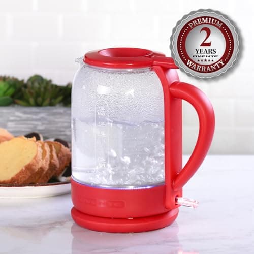 OVENTE Electric Kettle with 1.5L Borosilicate Glass, 1500W Fast Boiling Water Heater for Coffee or Tea, Easy to Fill Lid, Auto Shut-Off, Boil-Dry Protection & Stainless Steel Filter, Red KG516R 8