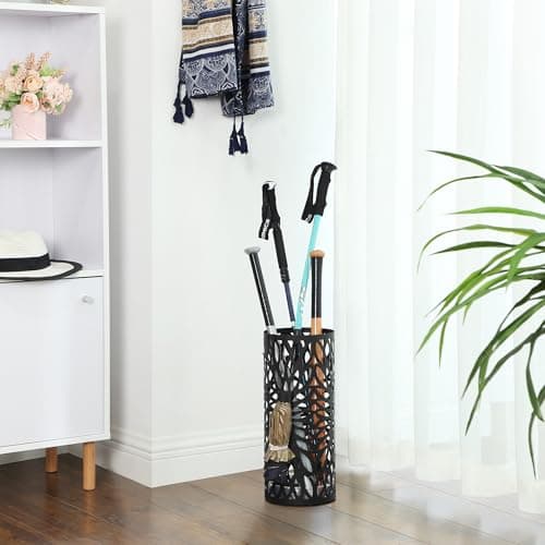 SONGMICS Umbrella Stand, Umbrella Holder for Entryway, Steel Round Umbrella Rack Freestanding, for Canes Walking Sticks, with a Detachable Drip Tray, 2 Long and 2 Short Hooks, Matte Black ULUC022B01 5